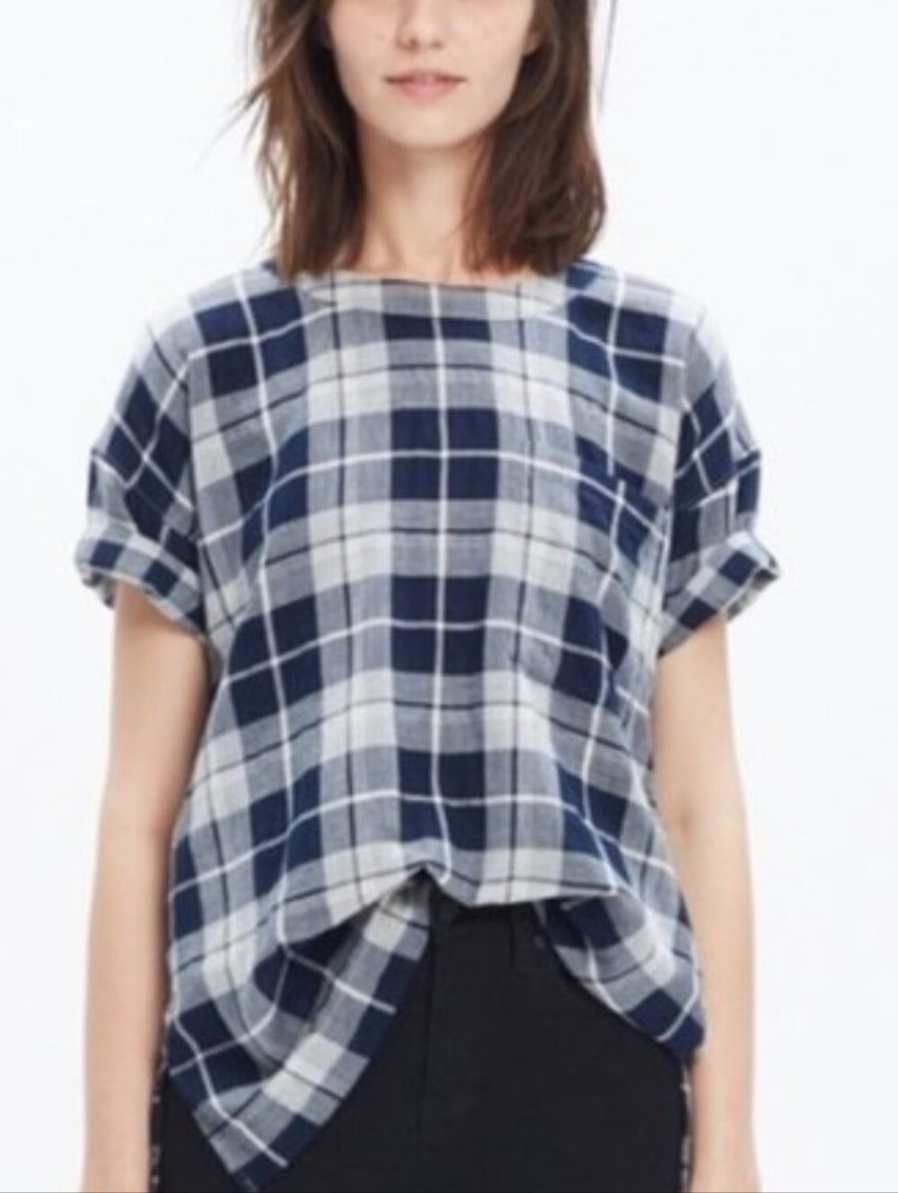 Madewell Plaid Cotton Boxy Short Sleeve Top Navy Gray 100% Cotton